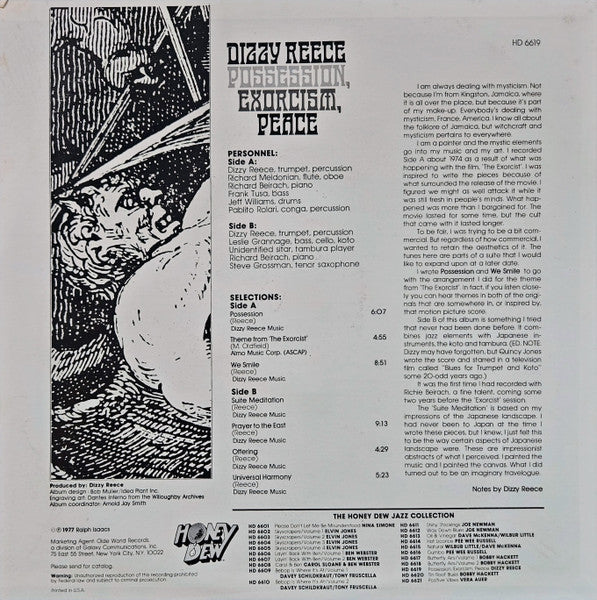 Dizzy Reece - Possession, Exorcism, Peace - New LP Record 1977 Honey Dew USA Original RARE Vinyl & Dantes Inferno Art - Free Jazz / Bop / Modal / Spiritual Jazz - Shuga Records