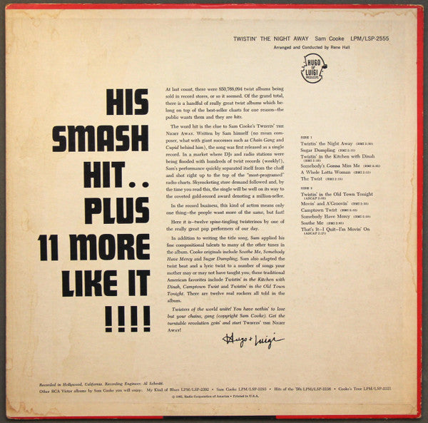 Sam Cooke – Twistin' The Night Away - VG+ (VG cover) LP Record 1962 RCA Victor USA Mono Original Vinyl - Rhythm & Blues / Soul / Twist - Shuga Records