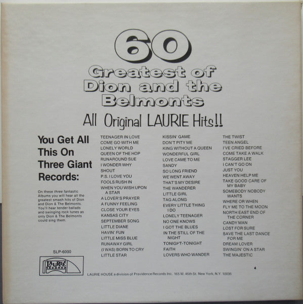 Dion And The Belmonts - 60 Greatest Of Dion And The Belmonts - VG+ 3 LP Record Box Set 1971 Laurie USA - Pop Rock / Doo Wop - Shuga Records
