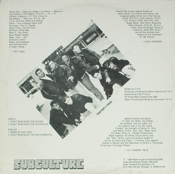 TAP - Don't Bum Rush The Sound / Bring In The Funk - Mint- 12" Single Record 1989 Subculture USA Vinyl - Chicago Hip Hop / Rap / Hip House - Shuga Records