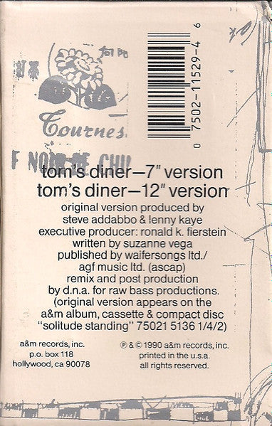 D.N.A. Featuring Suzanne Vega - Tom's Diner - Mint- Cassette Single 1990 A&M USA Tape - Synth-pop / Downtempo - Shuga Records
