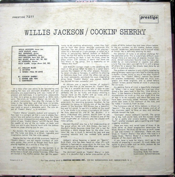 Willis Jackson - Cookin' Sherry - VG LP Record (VG- cover) 1961 Prestige USA Mono Original Press Vinyl - Jazz / Hard Bop - Shuga Records