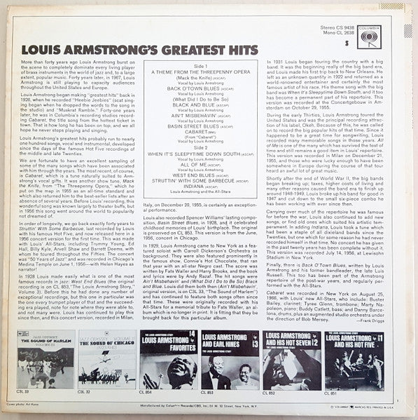 Louis Armstrong - Greatest Hits (1967) - VG+ LP Record 1972 Columbia USA Vinyl - Jazz / Big Band / Swing - Shuga Records