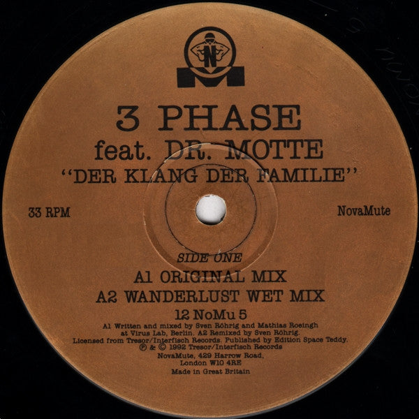 3 Phase Feat. Dr. Motte - Der Klang Der Familie (The Remixes) - VG+ (Poor Cover) 12" Single Record 1992 NovaMute UK Original Vinyl - Techno / Acid - Shuga Records
