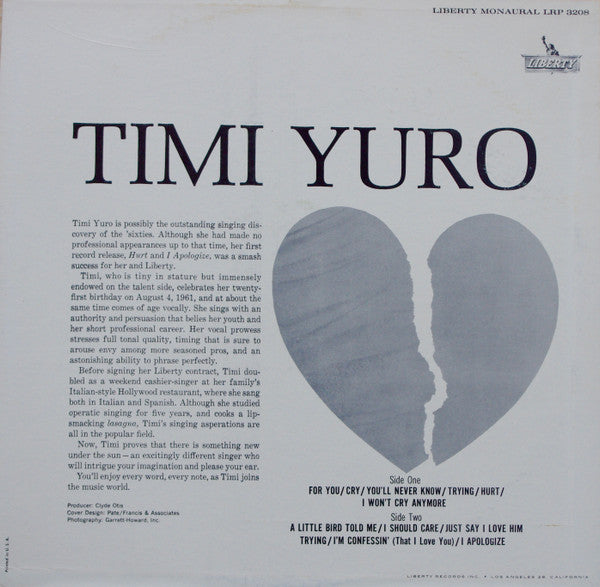 Timi Yuro - Hurt!!!!!!! - New LP Record 1961 Liberty USA Mono Original Vinyl - Pop / Soul - Shuga Records
