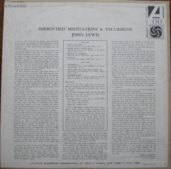 John Lewis - Improvised Meditations & Excursions - VG LP Record 1959 Atlantic USA Mono Original Vinyl - Jazz - Shuga Records