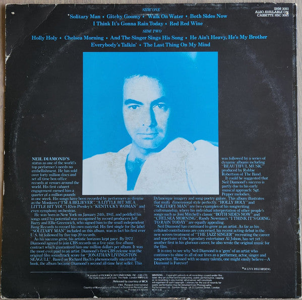 Neil Diamond - Solitary Man - VG+ LP Record 1981 Pickwick UK Vinyl - Pop Rock / Soft Rock - Shuga Records