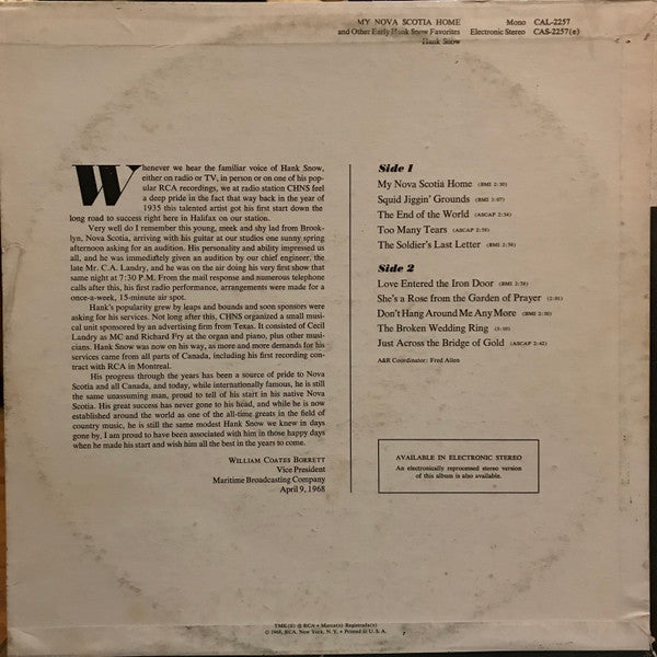 Hank Snow - My Nova Scotia Home And Other Early Hank Snow Favorites - New LP Record 1968 RCA Camden USA Original Vinyl - Country - Shuga Records