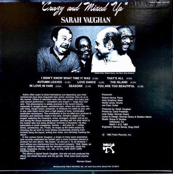 Sarah Vaughan - Crazy And Mixed Up - VG+ LP Record 1982 Pablo USA Original Vinyl - Jazz / Soul-Jazz / Vocal - Shuga Records