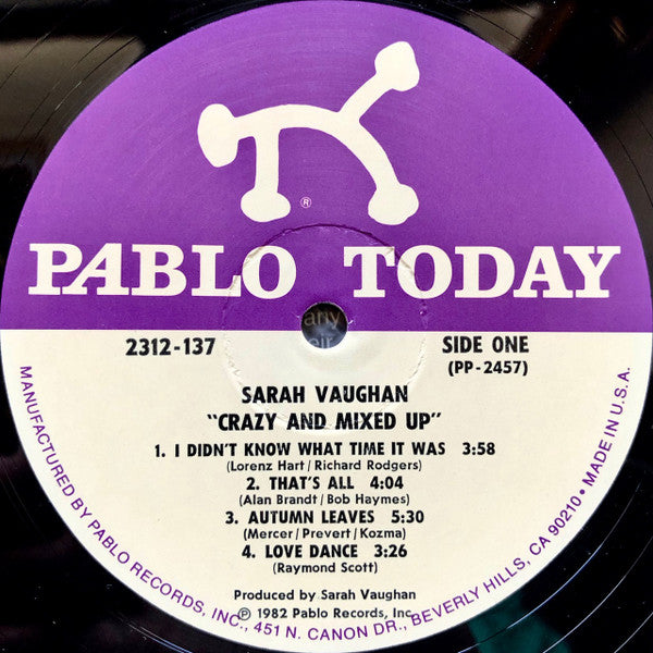 Sarah Vaughan - Crazy And Mixed Up - VG+ LP Record 1982 Pablo USA Original Vinyl - Jazz / Soul-Jazz / Vocal - Shuga Records