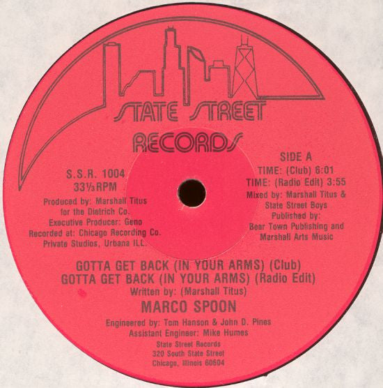 Marco Spoon - Gotta Get Back (In Your Arms) - VG+ 12" Single Record 1987 State Street Vinyl - House - Shuga Records
