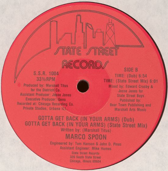 Marco Spoon - Gotta Get Back (In Your Arms) - VG+ 12" Single Record 1987 State Street Vinyl - House - Shuga Records
