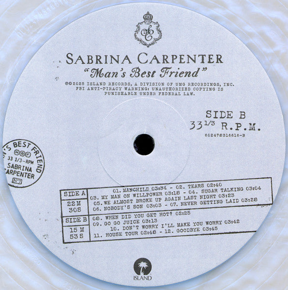 Sabrina Carpenter - Man's Best Friend - Mint- LP Record 2025 Island Target Exclusive Iridescent White Vinyl, Insert & Poster - Pop - Shuga Records