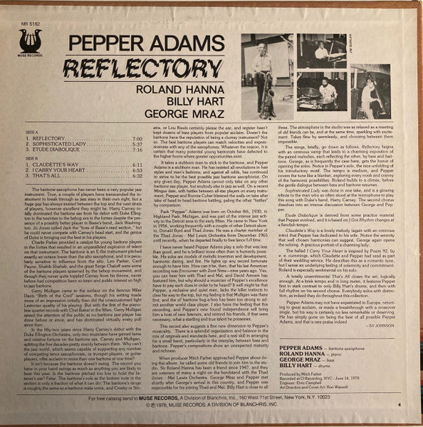 Pepper Adams ‎& Roland Hanna - Reflectory - New LP Record 1978 Muse USA RARE Original - Jazz / Bop / Modal - Shuga Records