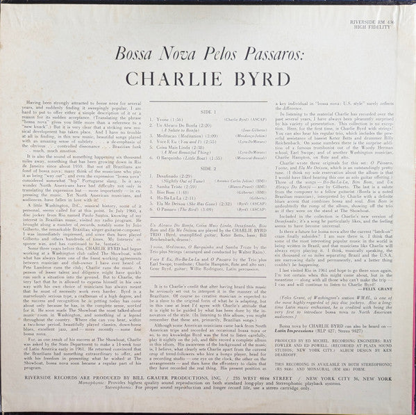Charlie Byrd ‎- Bossa Nova Pelos Passaros - VG+ LP Record 1962 Riverside USA Mono RARE MGM Pressing - Jazz / Latin Bossa Nova - Shuga Records