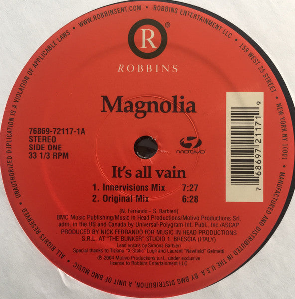 Magnolia - It's All Vain - VG+ 12" Single Record 2004 Robbins USA Vinyl - Progressive Trance - Shuga Records