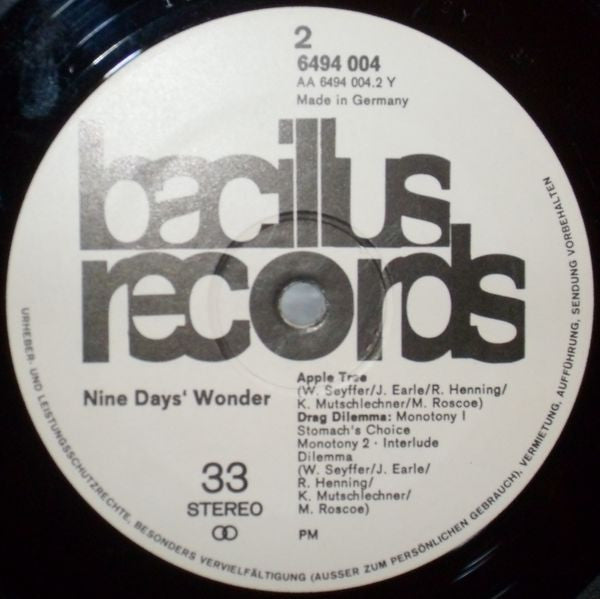 Nine Days' Wonder – Nine Days' Wonder - VG+ LP Record 1971 Bacillus Germany Vinyl & Foam Cover - Prog Rock / Psychedelic Rock / Krautrock - Shuga Records