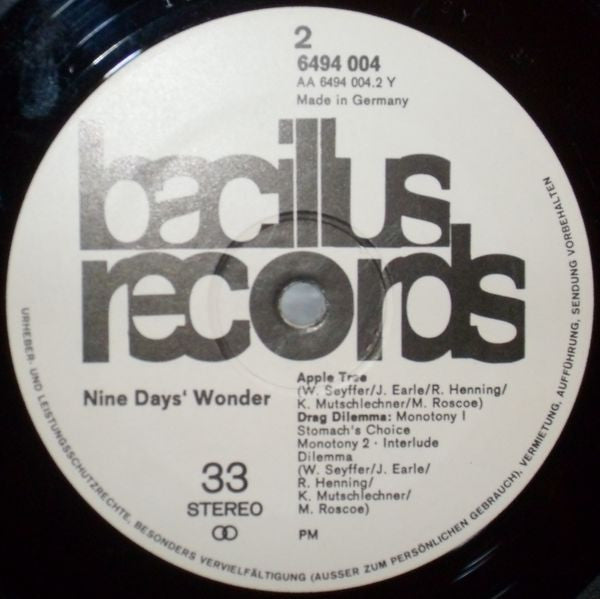 Nine Days' Wonder – Nine Days' Wonder - VG+ LP Record 1971 Bacillus Germany Vinyl & Foam Cover - Prog Rock / Psychedelic Rock / Krautrock