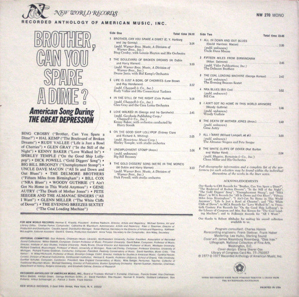 Various – Brother, Can You Spare A Dime? (American Song During The Great Depression) - Mint- LP Record 1981 New World USA Vinyl - Jazz / Country / Hillbilly / Blues - Shuga Records