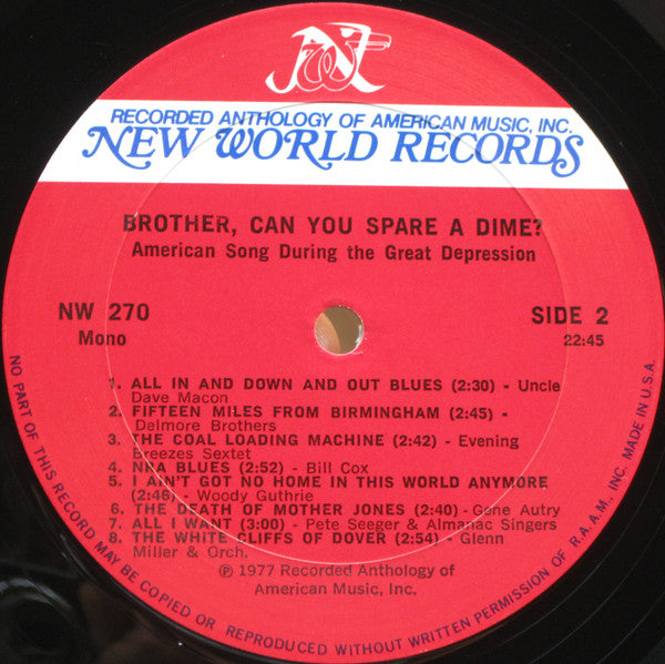 Various – Brother, Can You Spare A Dime? (American Song During The Great Depression) - Mint- LP Record 1981 New World USA Vinyl - Jazz / Country / Hillbilly / Blues - Shuga Records