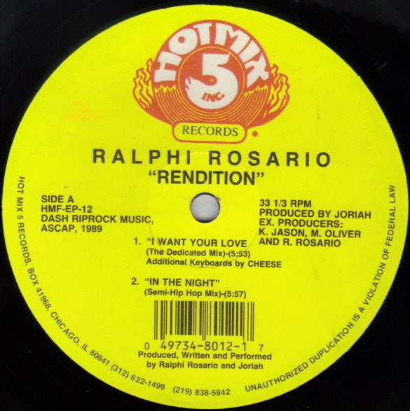 Ralphi Rosario - Rendition - VG 12" Single Record 1989 Hot Mix 5 USA Vinyl - Chicago House / Deep House - Shuga Records