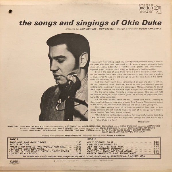 Okie Duke - The Songs And Singings Of Okie Duke - Mint- LP Record 1970 Ovation USA Original Vinyl - Pop Rock / Soul / Folk Pop - Shuga Records