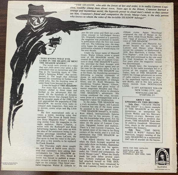 Various – The Shadow - Death From The Deep / The Devil Takes A Wife Various - VG+ LP Record 1977 Nostalgia Lane USA Vinyl - Radioplay - Shuga Records