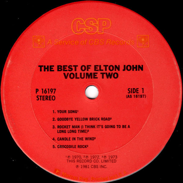 Elton John - The Best Of Elton John Volume Two - Mint- (VG+ cover) LP Record 1981 Columbia USA Vinyl - Pop Rock / Classic Rock - Shuga Records