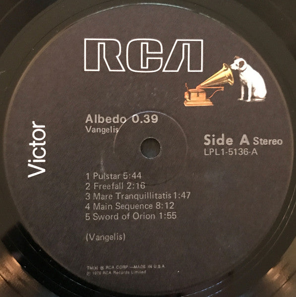Vangelis - Albedo 0.39 - VG+ LP Record 1976 RCA USA Vinyl - Experimental / Ambient / New Age - Shuga Records