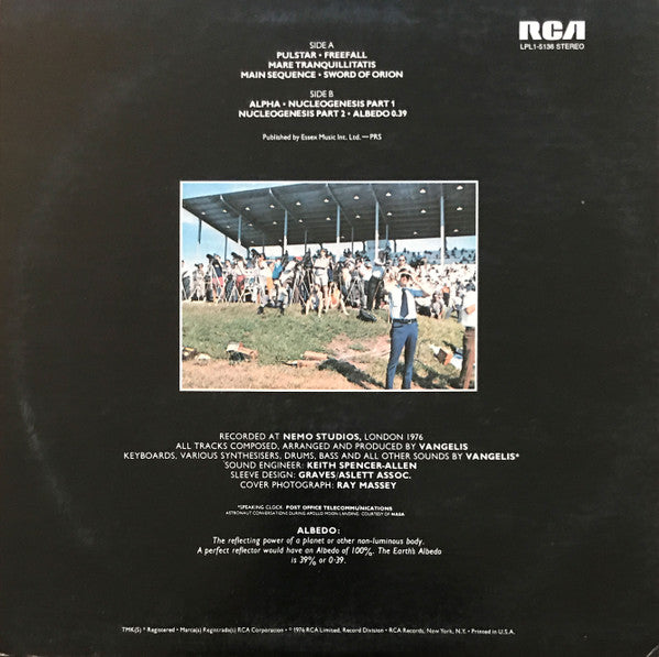 Vangelis - Albedo 0.39 - VG+ LP Record 1976 RCA USA Vinyl - Experimental / Ambient / New Age - Shuga Records