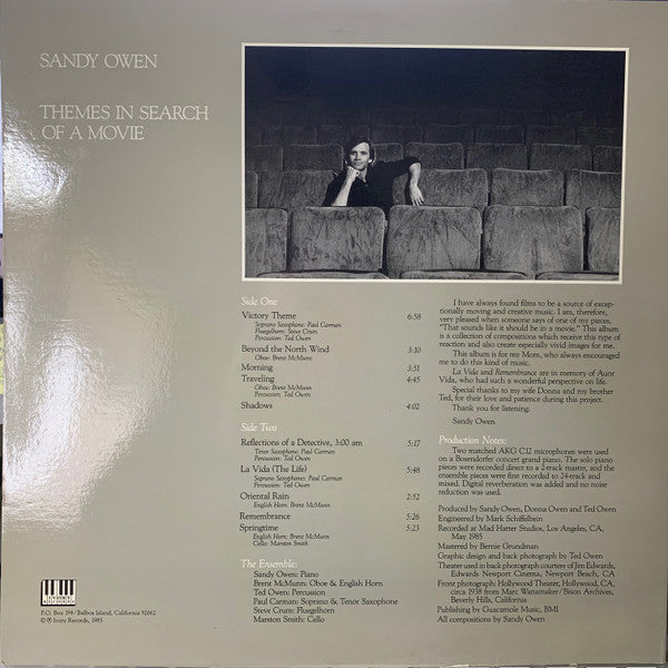 Sandy Owen - Themes In Search Of A Movie - Mint- LP Record 1985 Ivory USA Vinyl - Jazz / Free Improvisation / New Age - Shuga Records
