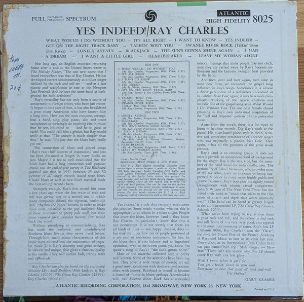 Ray Charles - Yes Indeed! (1958) - VG LP Record 1960 Atlantic USA Mono Vinyl - Soul / Rhythm & Blues - Shuga Records