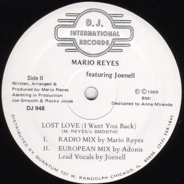 Mario Reyes Featuring Joenell - Lost Love (I Want You Back) - VG+ 12" Single Record 1988 D.J. International USA Vinyl - Chicago House - Shuga Records