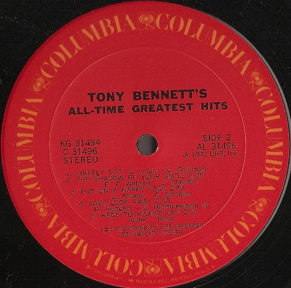 Tony Bennett - All Time Greatest Hits - Mint- 2 LP Record 1972 Columbia USA Original Press Vinyl - Jazz / Big Band / Pop Vocal - Shuga Records
