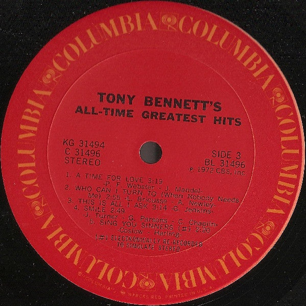 Tony Bennett - All Time Greatest Hits - Mint- 2 LP Record 1972 Columbia USA Original Press Vinyl - Jazz / Big Band / Pop Vocal - Shuga Records