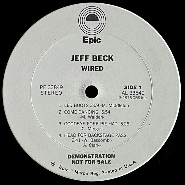 Jeff Beck - Wired - VG+ LP Record 1976 Epic USA White Label Promo Vinyl - Classic Rock / Jazz-Rock - Shuga Records