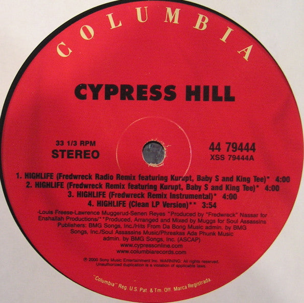 Cypress Hill - Highlife - VG+ 12" Single Record 2000 Columbia USA Promo Vinyl - Hop Hop - Shuga Records