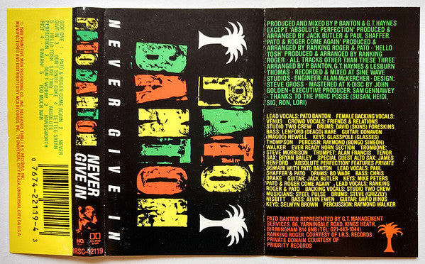 Pato Banton - Never Give In - Mint- Cassette 1988 Primitive Man USA Tape - Reggae - Shuga Records