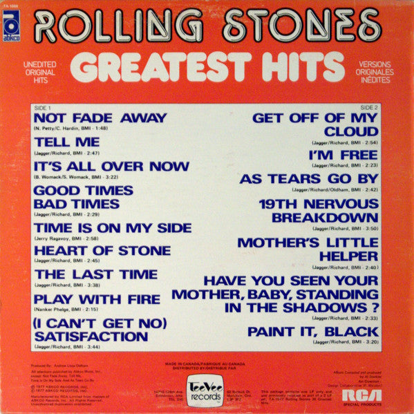 Rolling Stones - Greatest Hits Vol. 1 - VG+ LP Record 1977 ABKCO Canada Vinyl - Rock & Roll / Classic Rock / Blues Rock - Shuga Records