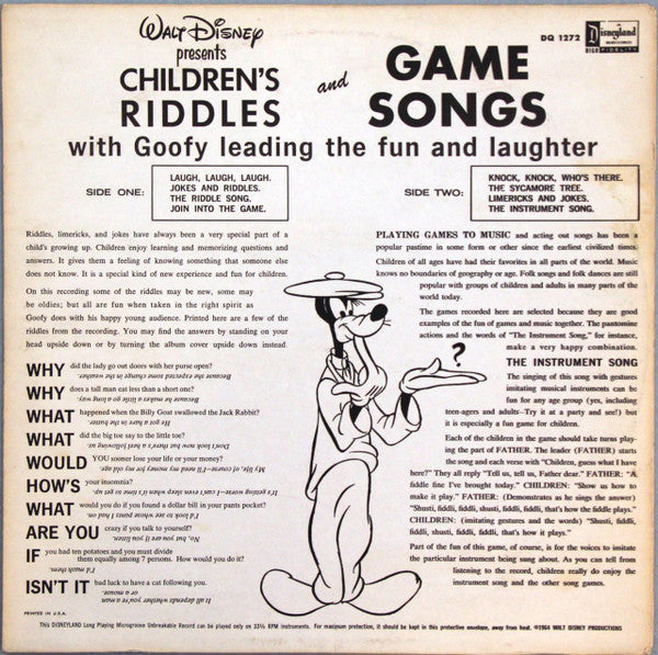 Various - Children's Riddles And Game Songs - VG+ LP Record 1965 Walt Disney Disneyland USA Original Vinyl - Children's / Educational - Shuga Records