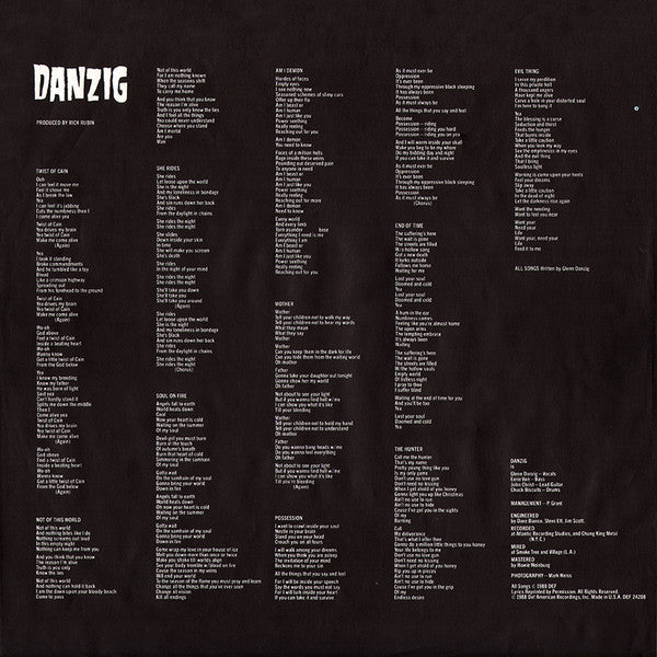 Danzig - Danzig - VG+ LP Record 1988 Def American Recordings USA Original Press Vinyl & OG Inner Sleeve - Heavy Metal
