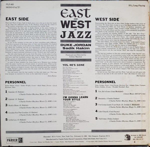 Duke Jordan and Sadik Hakim - East And West Of Jazz - VG+ LP Record 1962 Charlie Parker USA Mono Original Vinyl - Jazz / Bop - Shuga Records