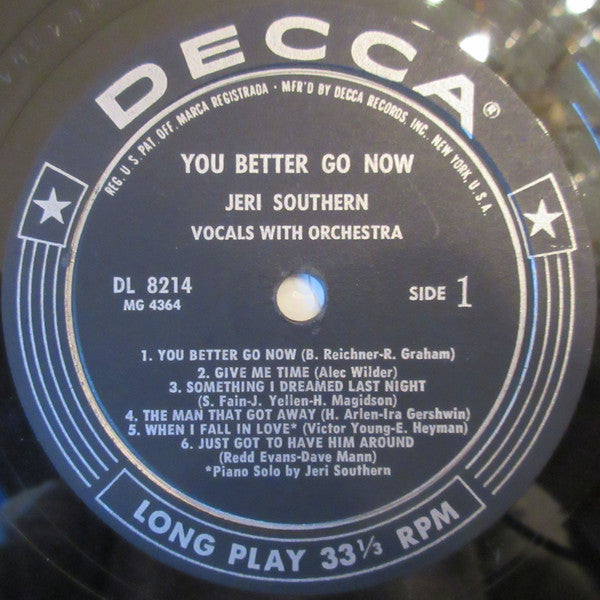 Jeri Southern – You Better Go Now - VG+ LP Record 1956 Decca Mono Vinyl - Jazz Vocal - Shuga Records