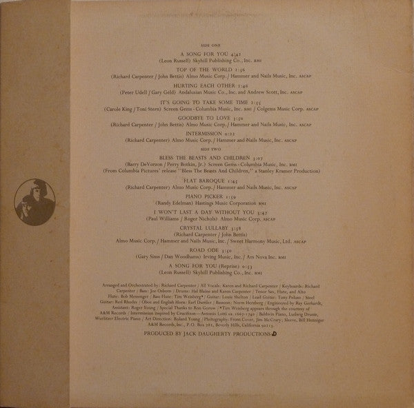 Carpenters - A Song For You - VG+ LP Record 1972 A&M Capitol Record Club Edition USA Vinyl - Pop Rock / Soft Rock - Shuga Records
