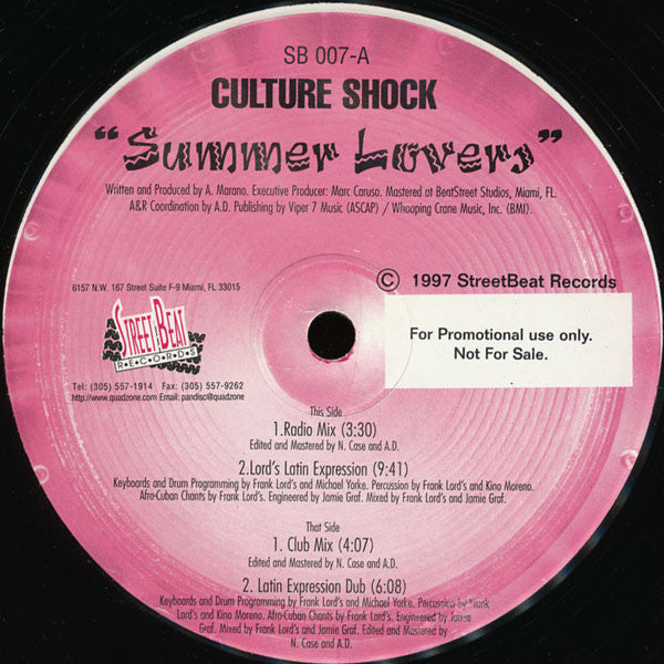 Culture Shock - Summer Lovers - Mint- 12" Single Record 1997 StreetBeat USA Promo Vinyl - House - Shuga Records
