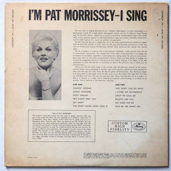 Pat Morrissey - I'm Pat Morrissey - I Sing - VG+ LP Record 1957 Mercury USA Original Mono Vinyl - Jazz / Vocal - Shuga Records