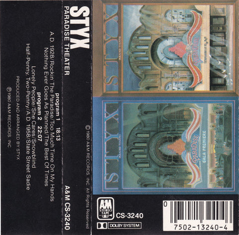 Styx - Paradise Theater - Used Cassette 1981 A&M Tape - Symphonic Rock