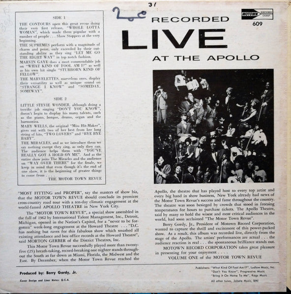 Various ‎– The Motor-Town Revue Vol. 1 - Recorded Live At The Apollo - Mint- LP Record 1963 Motown USA Mono Vinyl - Soul / Funk / R&B - Shuga Records