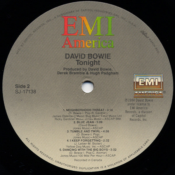 David Bowie - Tonight - Mint- LP Record 1984 EMI America USA Promo Vinyl - Art Rock / Pop Rock - Shuga Records