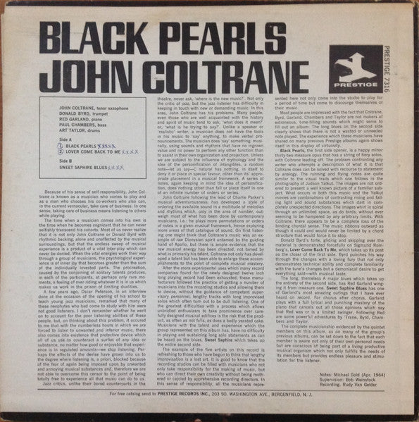 John Coltrane - Black Pearls (1964) - VG+ LP Record 1968 Prestige Stereo USA Vinyl - Jazz / Hard Bop / Post Bop - Shuga Records